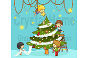 Cartoon kids decorate Christmas tree