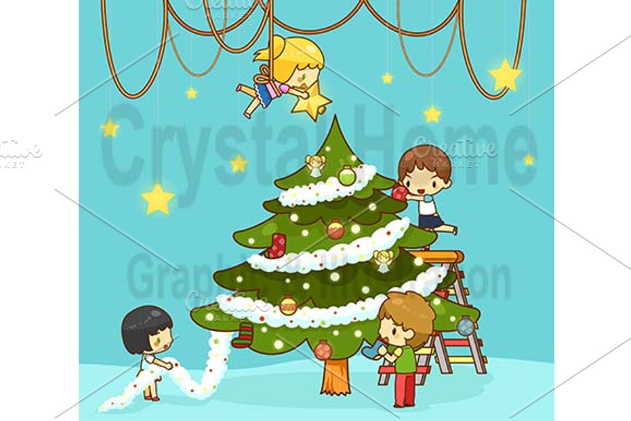 Cartoon kids decorate Christmas tree in Illustrations - product preview 8