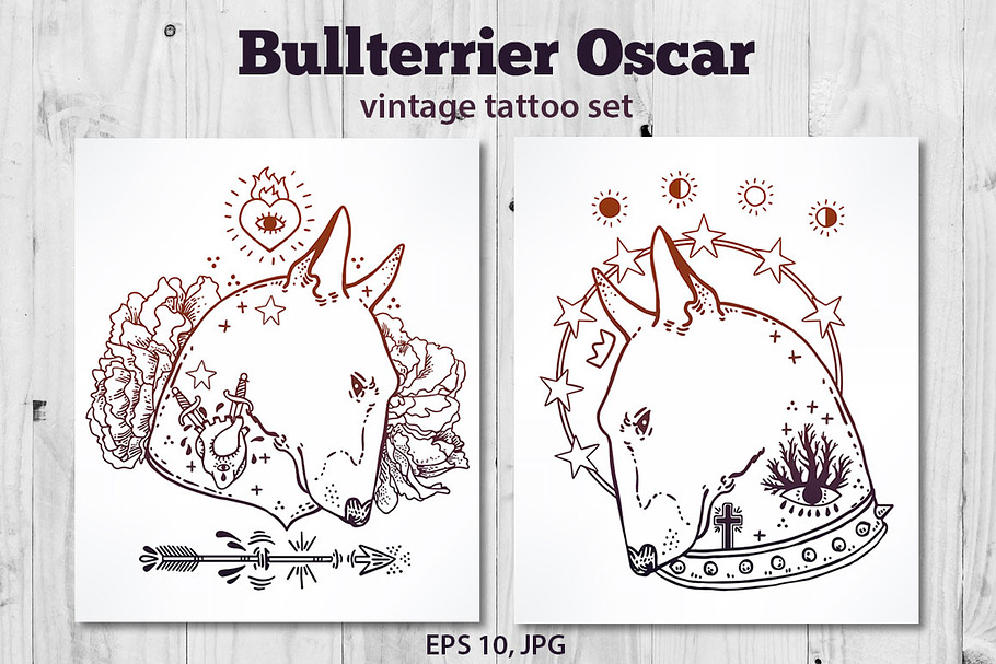 Bullterrier Oscar Vintage Tattoo Set in Illustrations - product preview 8