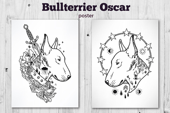 Bullterrier Oscar Vintage Tattoo Set in Illustrations - product preview 1