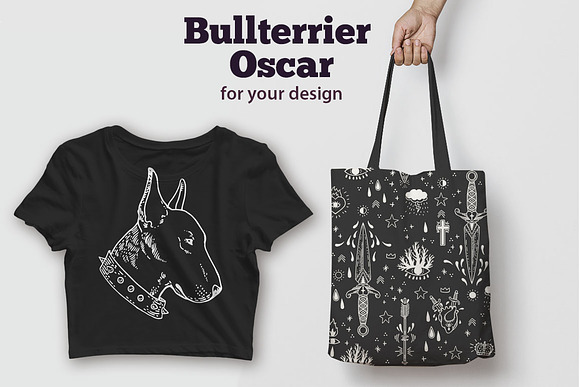 Bullterrier Oscar Vintage Tattoo Set in Illustrations - product preview 2