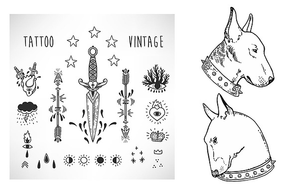 Bullterrier Oscar Vintage Tattoo Set in Illustrations - product preview 5