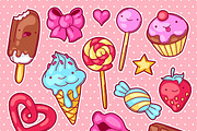 Set of kawaii sweets and candies.