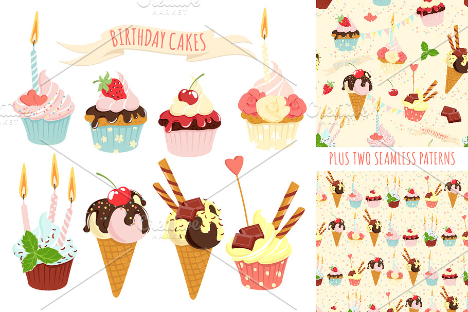 Birthday cupcakes icon set+ patterns in Illustrations - product preview 8