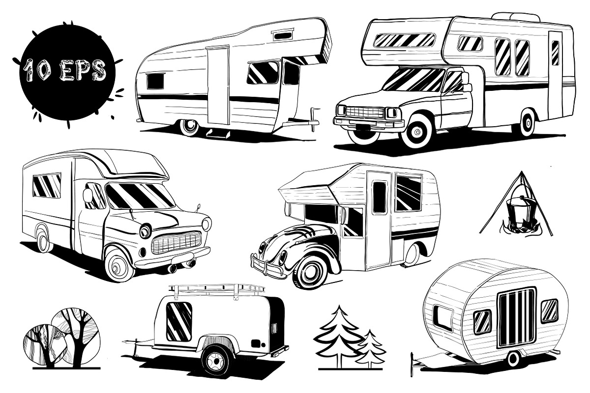 Set Doodle vintage Camper cars in Objects - product preview 8
