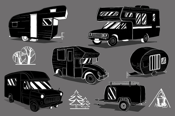 Set Doodle vintage Camper cars in Objects - product preview 1