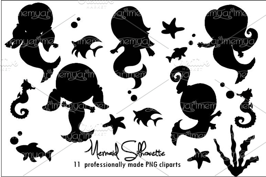 Mermaid Cute Silhouette Mermaid in Illustrations - product preview 8
