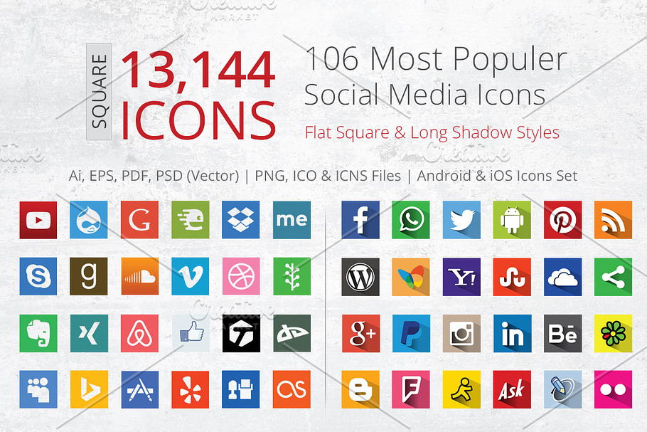 212 Flat Square Social Media Icons in Icons - product preview 8