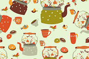 Seamless pattern with kettle and cup