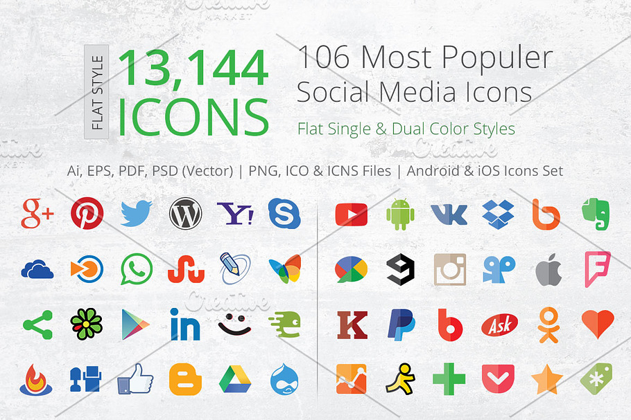 212 Flat Social Media Icons in Graphics - product preview 8