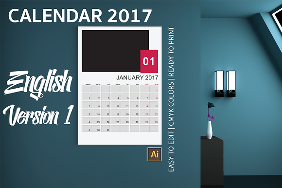 English Wall Calendar 2017 Version 1 in Templates - product preview 2