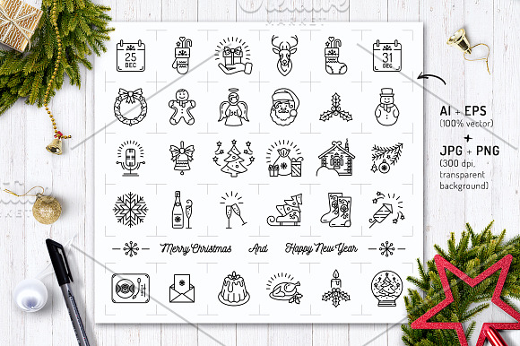 Line Christmas Icon Set + Bonus in Hipster Icons - product preview 1