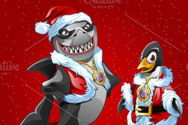 Shark and bird in costume of Santa