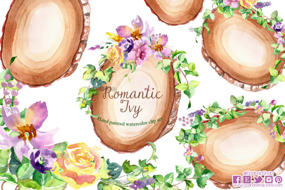 Ivy and wood watercolor clip art in Illustrations - product preview 8