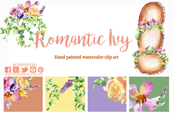 Ivy and wood watercolor clip art in Illustrations - product preview 2
