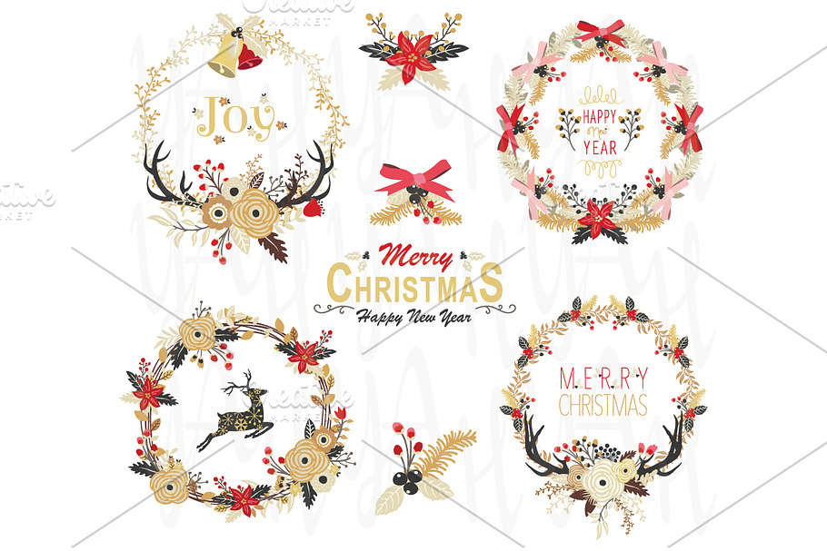 Gold Floral Christmas Wreath Element