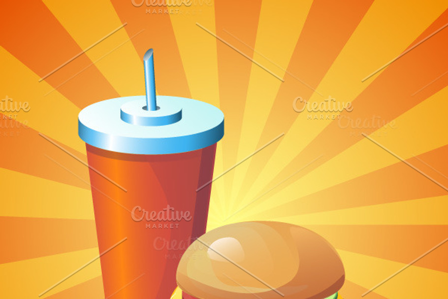 Colorful image with drink and burger