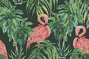 Watercolor flamingos,trees pattern