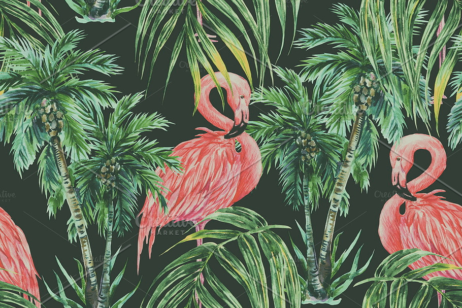 Watercolor flamingos,trees pattern in Patterns - product preview 8