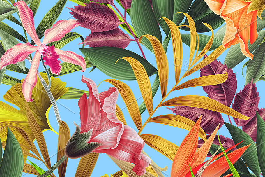 Seamless Tropical flowers and leaves in Patterns - product preview 8