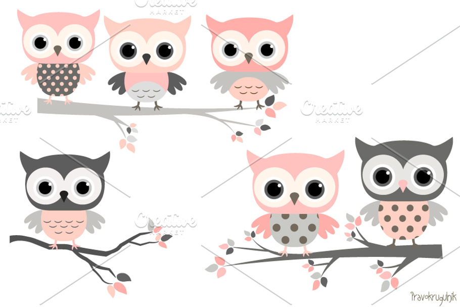 Cute girl owls clip art set