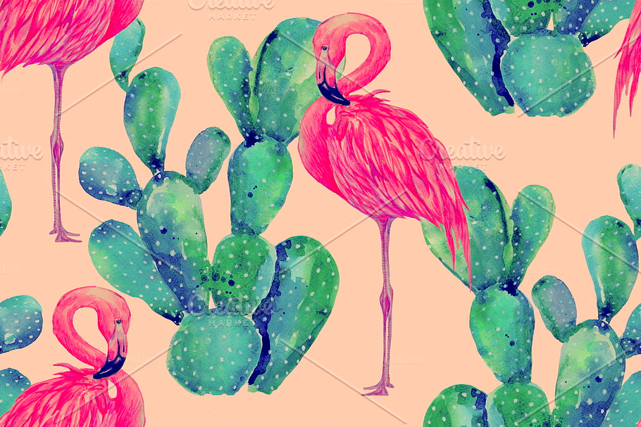 Watercolor flamingos,cactus pattern in Patterns - product preview 8