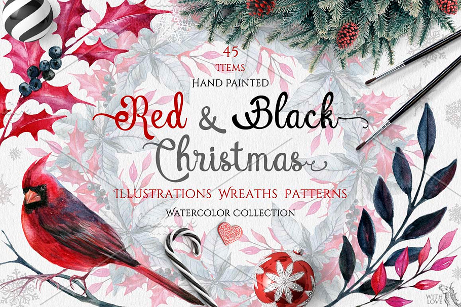 Watercolor Red & Black Christmas Set