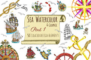 Sea watercolor and graphic elements
