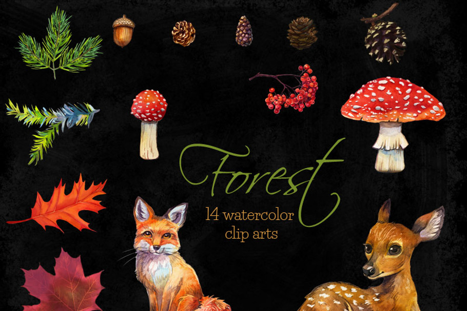 Forest watercolor clip arts