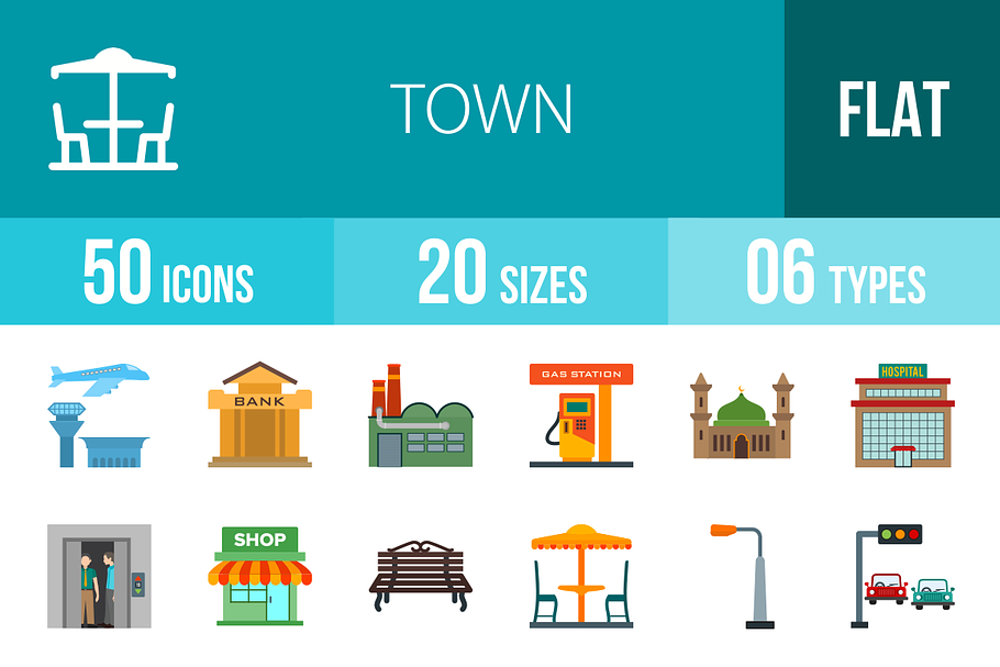 50 Town Flat Icons