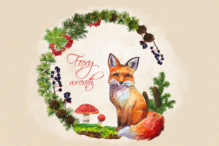 Foxy wreath watercolor clip art