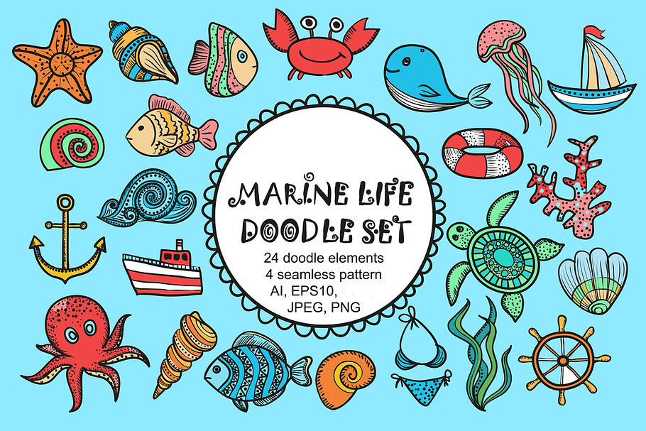 Vector Marine life doodle set. in Patterns - product preview 8