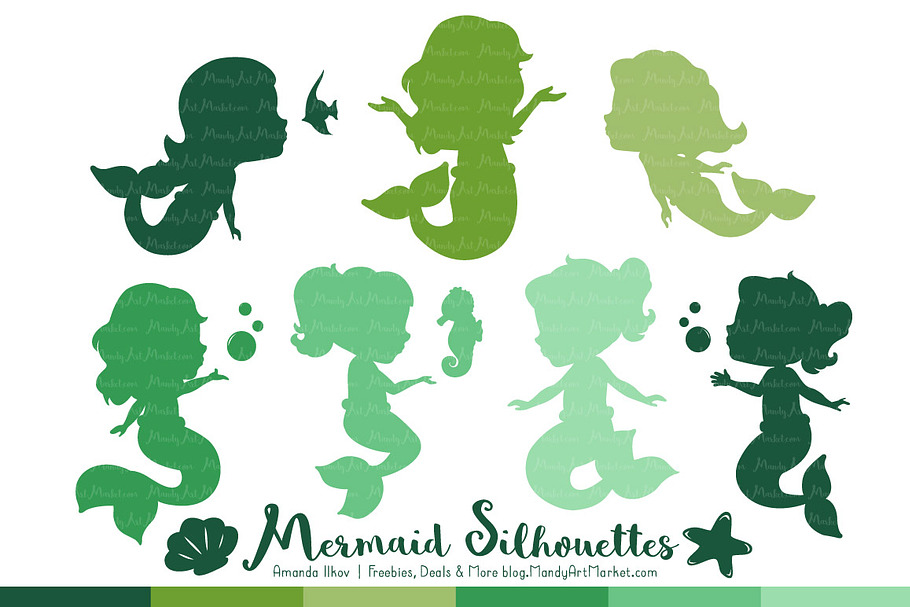 Shades of Green Mermaid Clipart in Illustrations - product preview 8