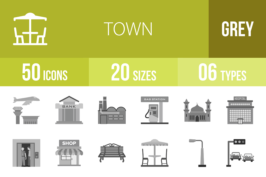 50 Town Greyscale Icons
