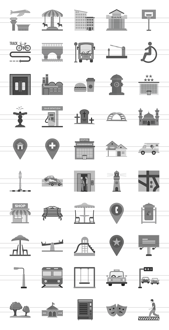 50 Town Greyscale Icons in Graphics - product preview 1