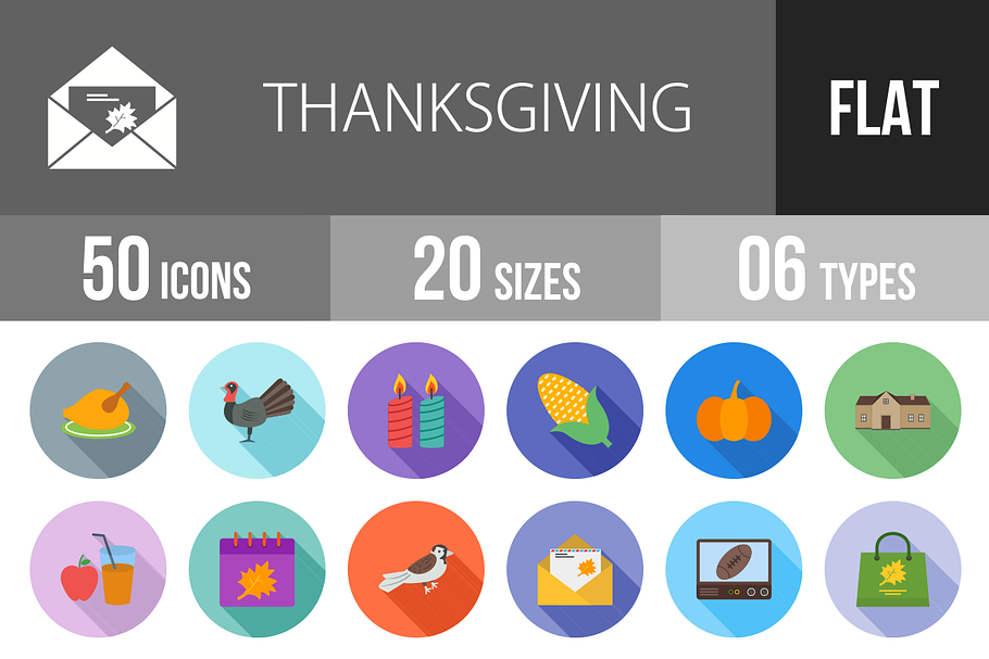 50 Thanksgiving Flat Shadowed Icons