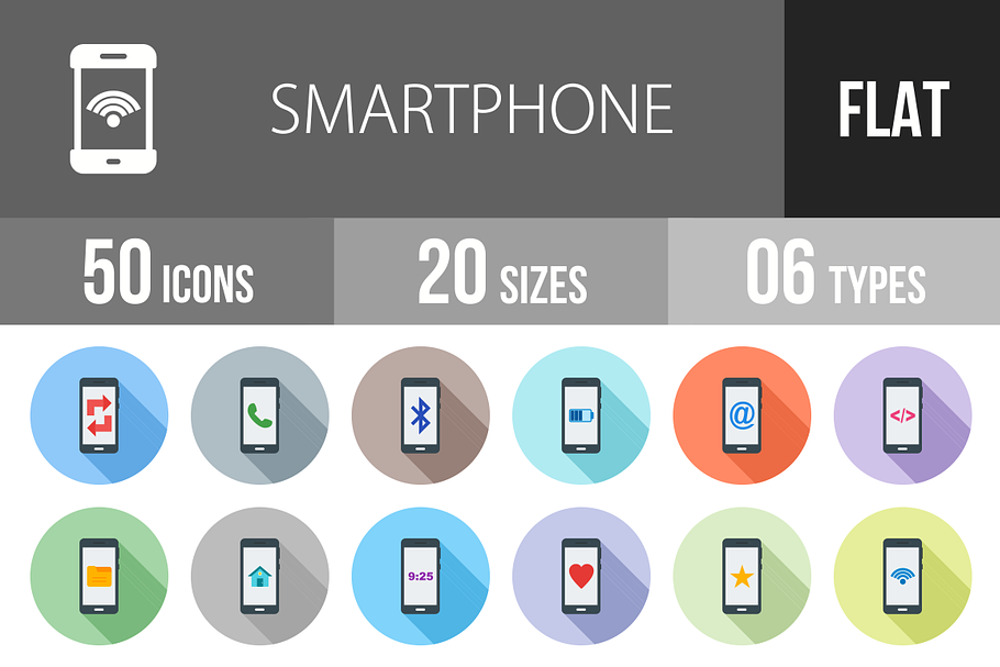 50 Smartphone Flat Shadowed Icons