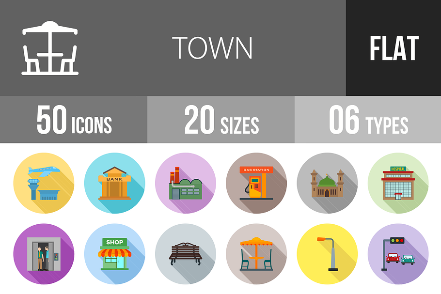 50 Town Flat Shadowed Icons