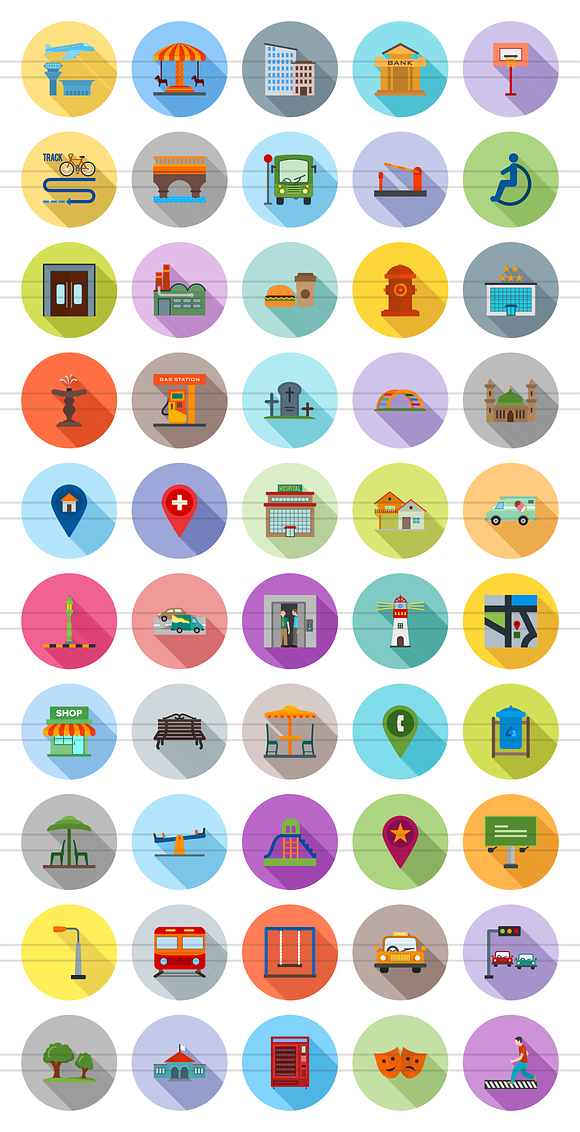 50 Town Flat Shadowed Icons in Graphics - product preview 1