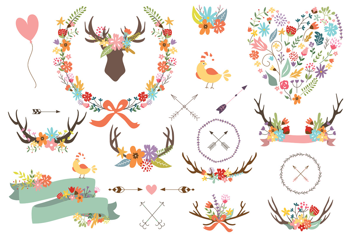 Antler Clipart Banner Floral Wreath in Illustrations - product preview 8
