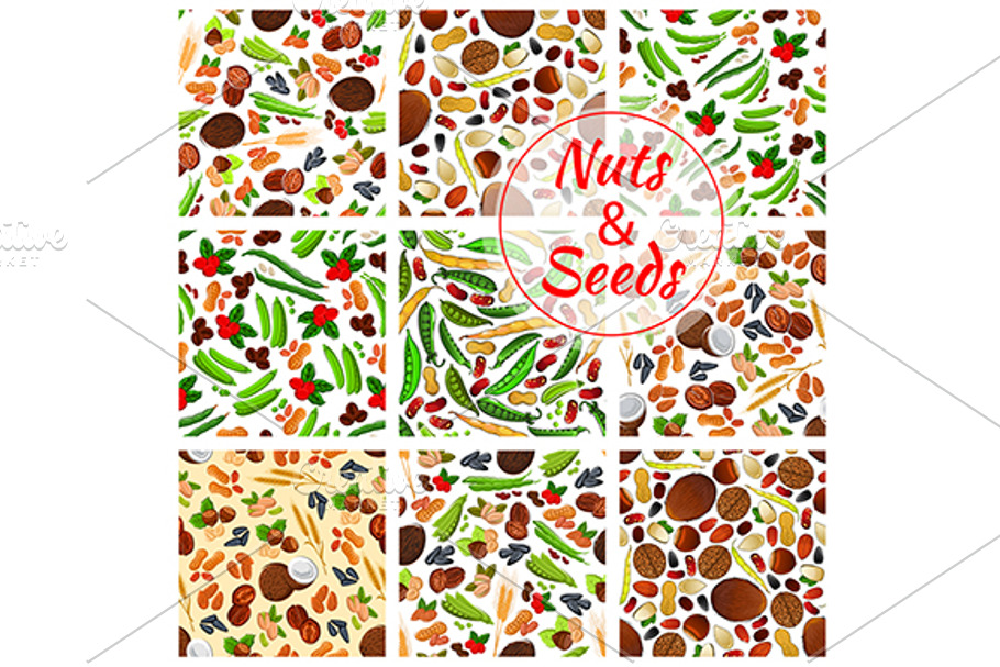 Nuts and seeds seamless patterns
