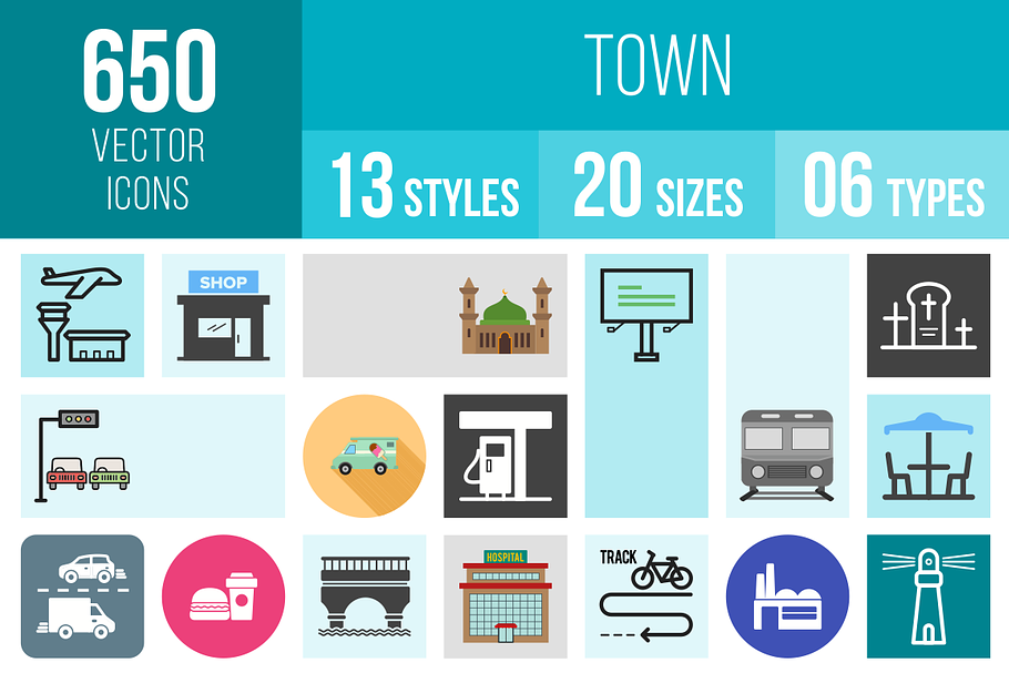 650 Town Icons in Icons - product preview 8