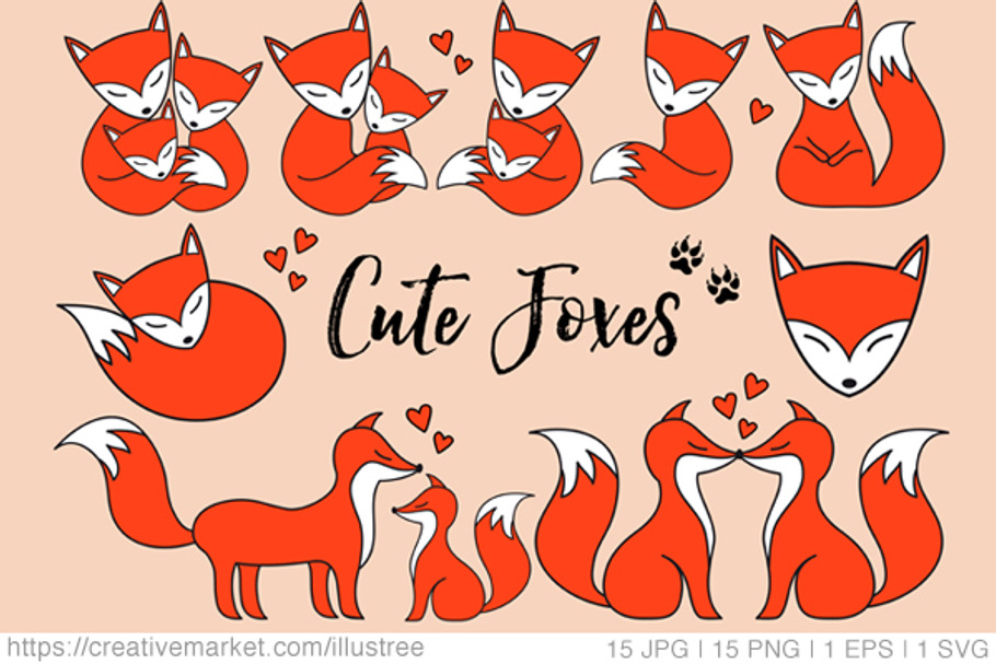 Cute foxes, digital clip art set