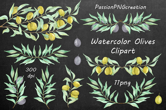 Watercolor Olives Clipart in Illustrations - product preview 1
