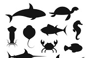Black icons vector sea marine fish