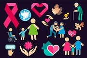 Charity care flat icons set vector