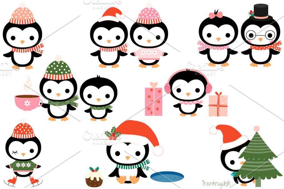 Cute Christmas penguins clip art set