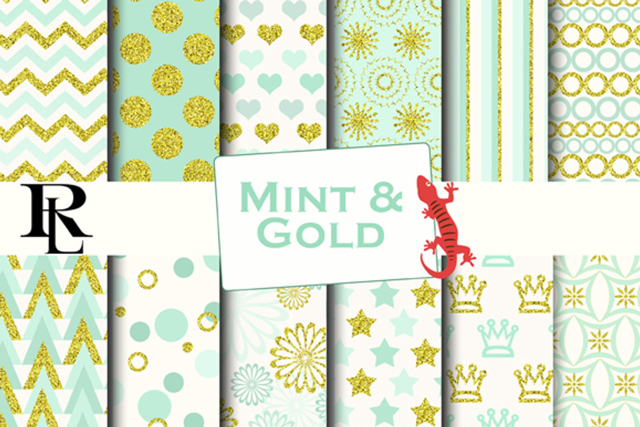 Gold and Mint digital paper in Patterns - product preview 8