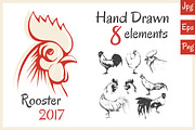Rooster 2017. Hand Drawn 8 elements.