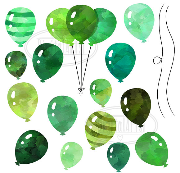 Watercolor Green Balloons Clipart in Illustrations - product preview 1